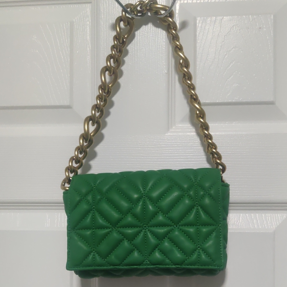 Zara Emerald Quilted Shoulder Bag with Gold Chain